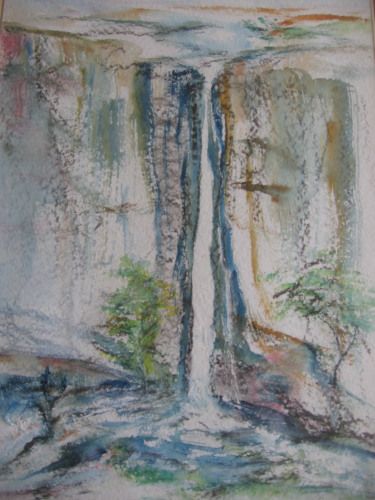 a painting of a waterfall in the woods